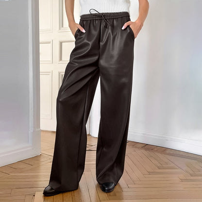 Pantalon Décontracté en Similicuir Taille Haute