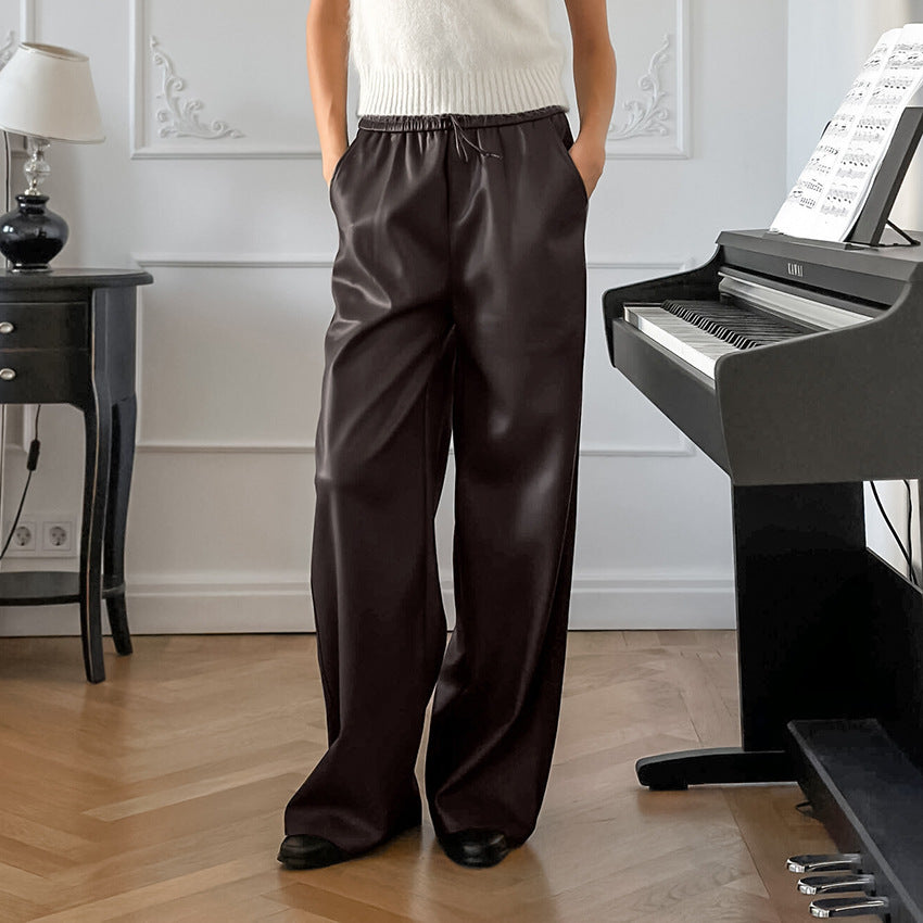 Pantalon Décontracté en Similicuir Taille Haute